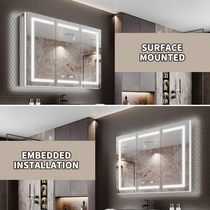 Bathroom mirror cabinet with options for surface-mounted or embedded installation, featuring modern LED backlit design