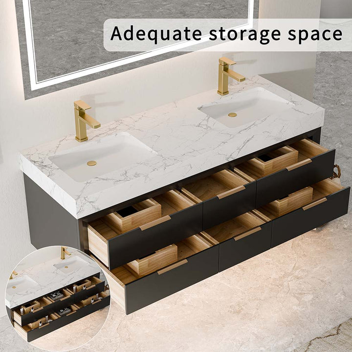 Double sink vanity with large storage drawers and organizers
