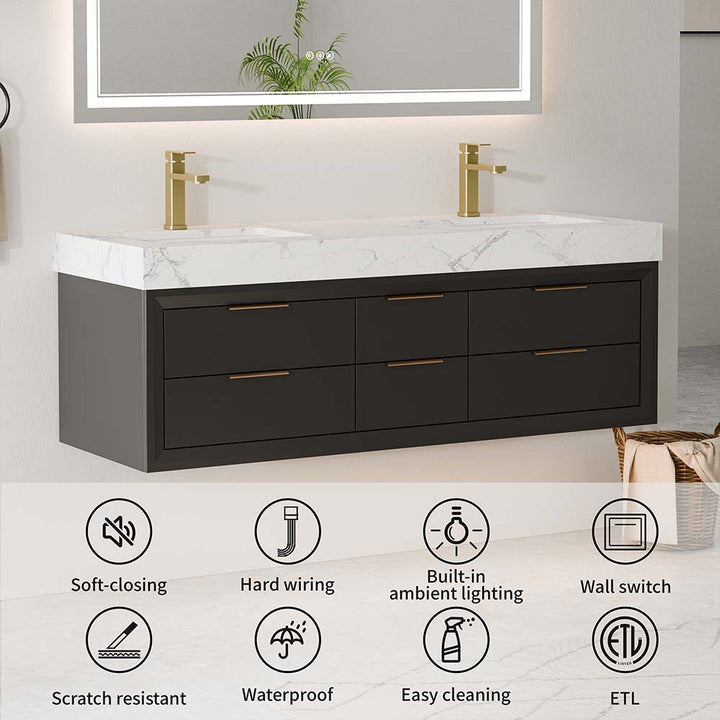 Vanity features soft-close drawers, lighting, waterproof, ETL listed