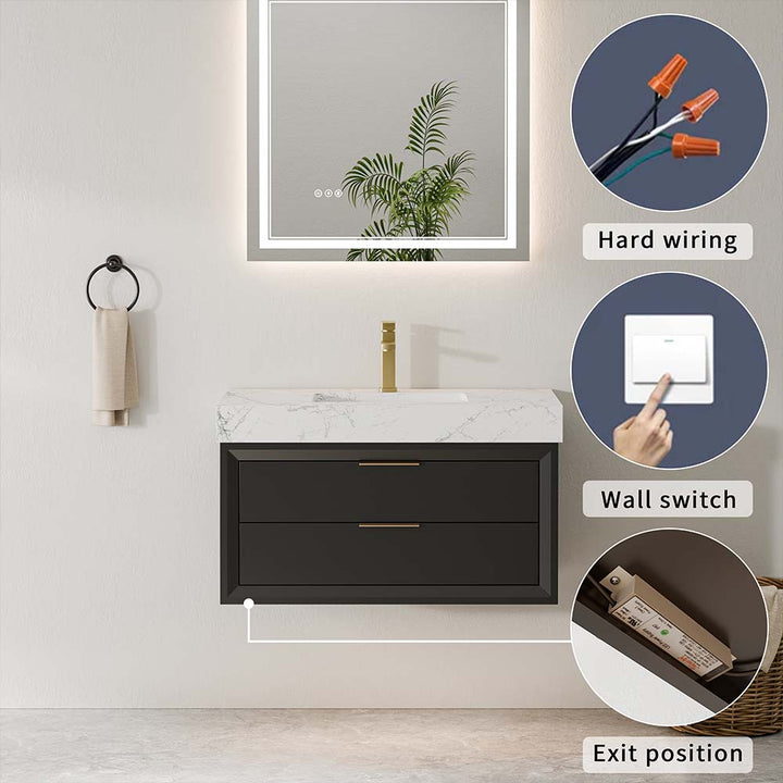 Hardwired vanity light with wall switch and exit position shown