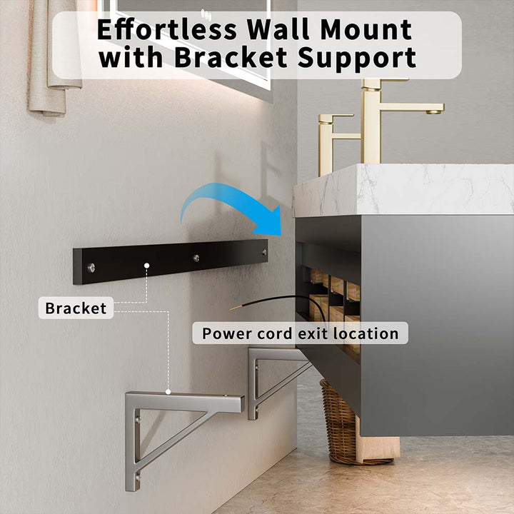 Wall-mounted vanity with bracket support and power cord exit