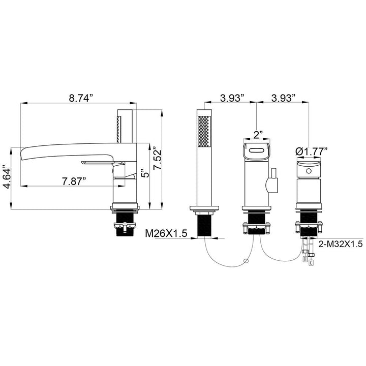 Dimensions for 3-hole gold bathtub faucet with hand shower
