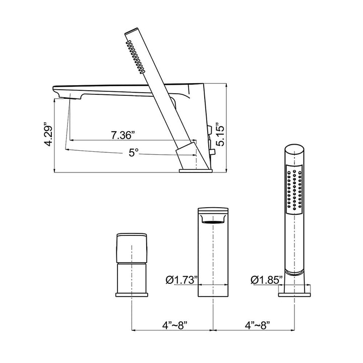 3-hole deck mount bathtub faucet with size measurements
