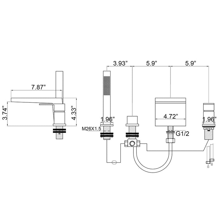 Bathtub faucet dimensions with waterfall spout and hand shower set