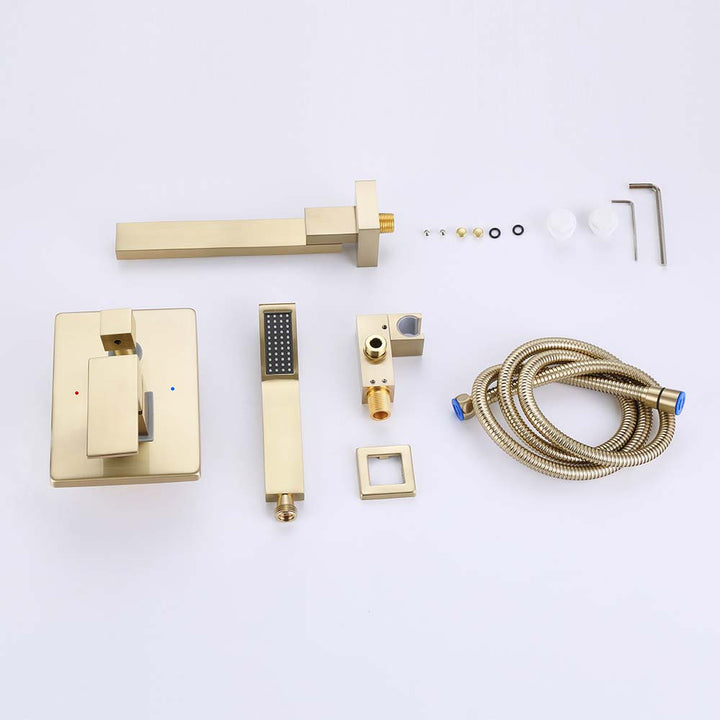 Complete gold bathtub faucet kit with handheld shower and hardware