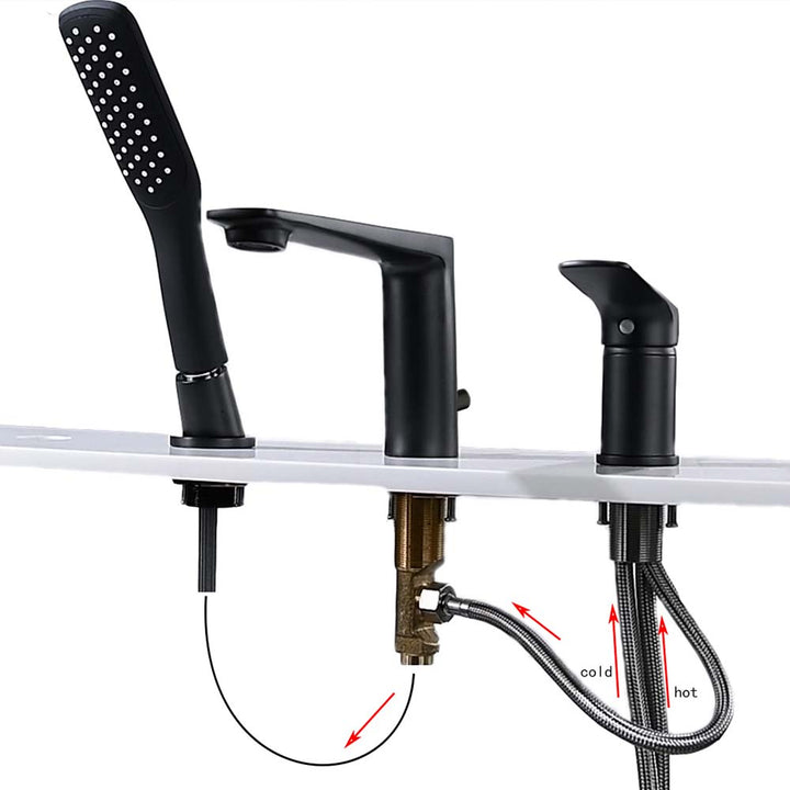 Black bathtub faucet installation with water hoses shown