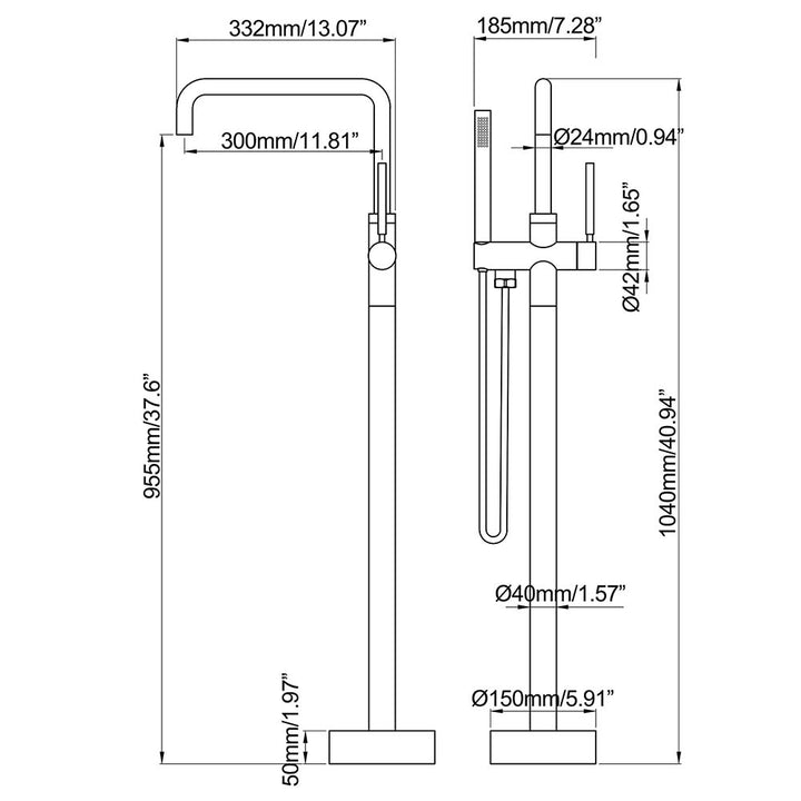 Square spout bathtub faucet detailed dimensions diagram