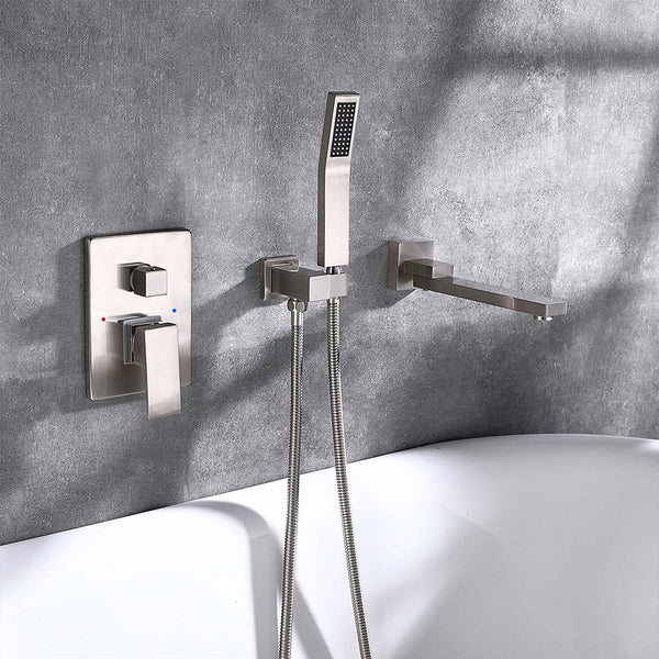 Complete wall-mounted brushed nickel bathtub faucet set with sprayer