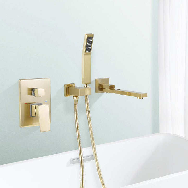 Wall-mounted gold bathtub faucet with handheld sprayer installed