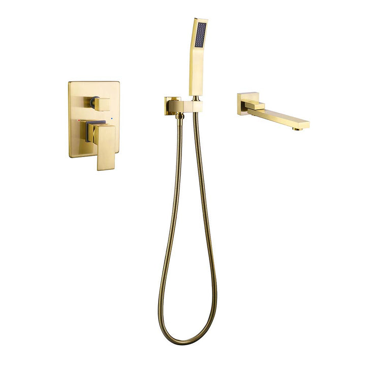 Gold wall-mounted bathtub faucet set with handheld shower head