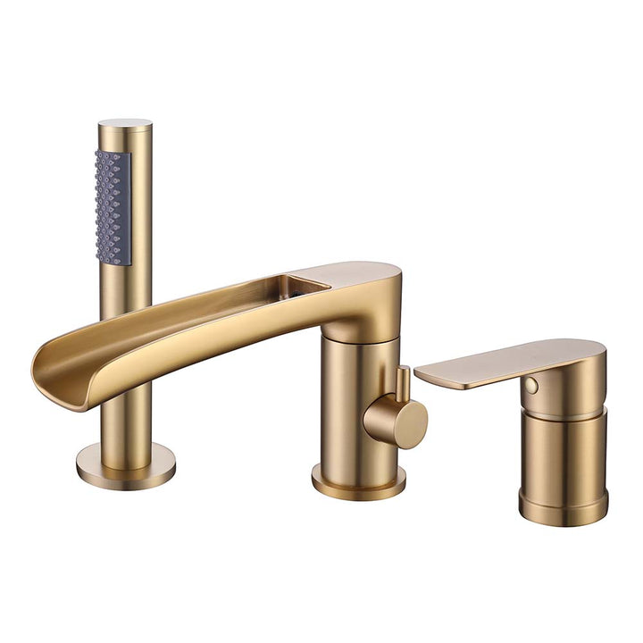 Gold 3-hole waterfall bathtub faucet with hand shower