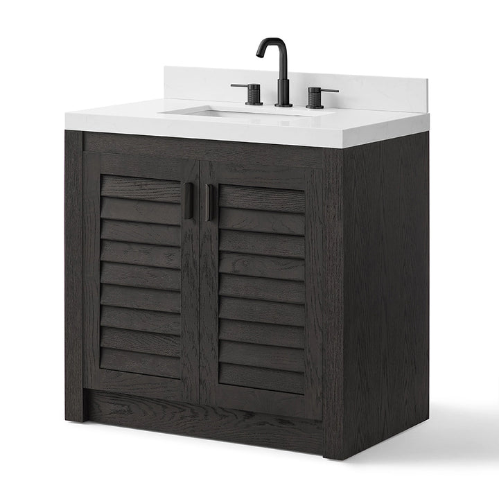Black 36 inch bathroom freestanding vanity angled view