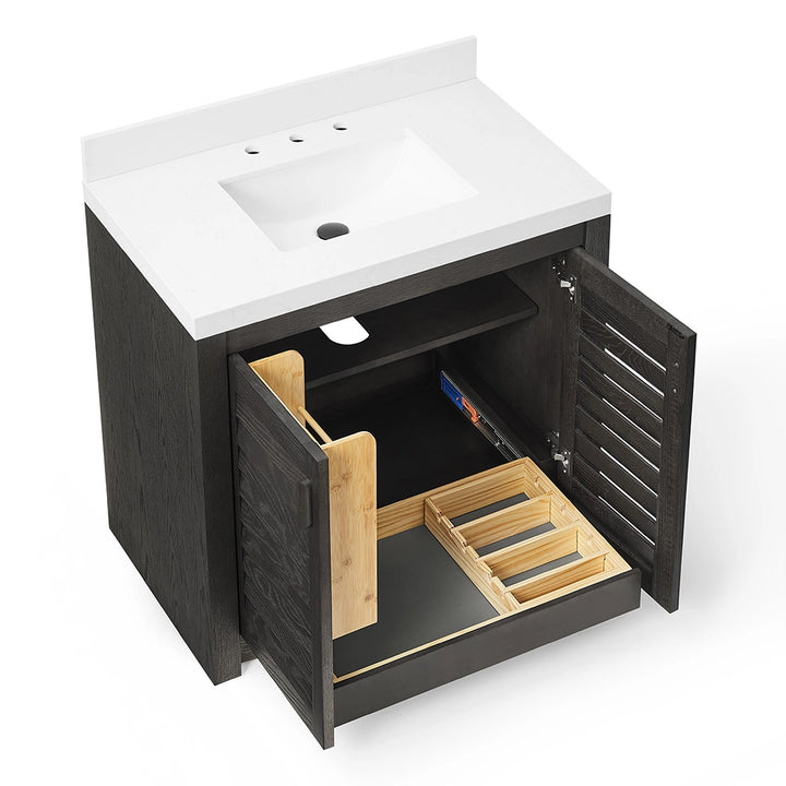 Black 36 inch bathroom freestanding vanity open storage view