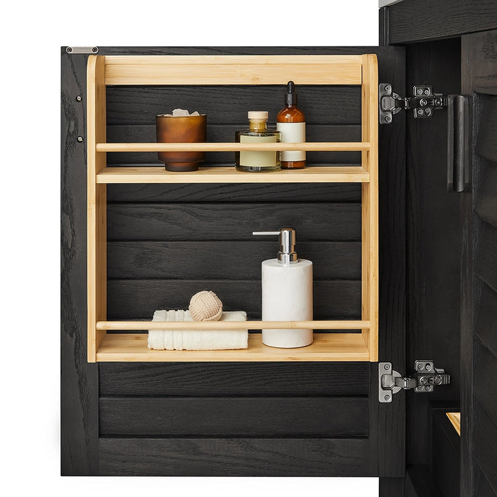 Black 36 inch bathroom freestanding vanity side shelf with items