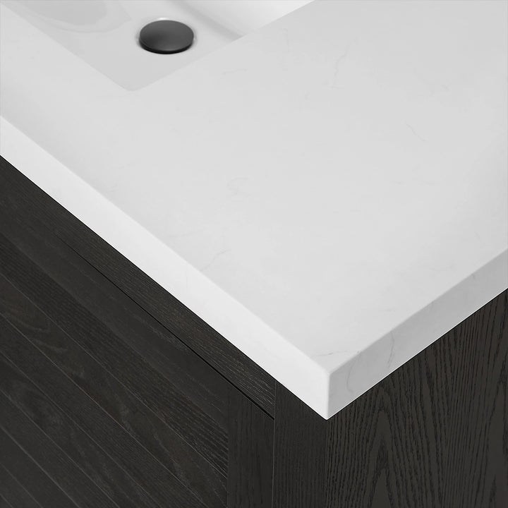 Black 36 inch bathroom freestanding vanity white countertop detail