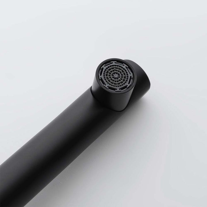 Close-up of matte black bathroom faucet aerator design