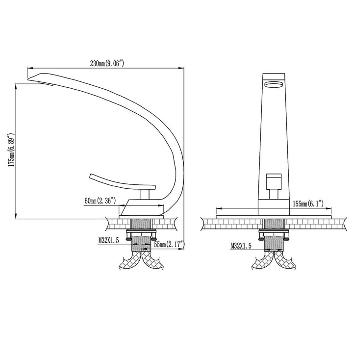 Black bathroom faucet technical dimensions diagram with size details