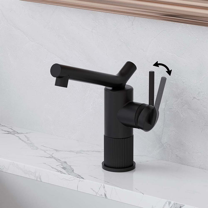 Black bathroom faucet with rotating handle control