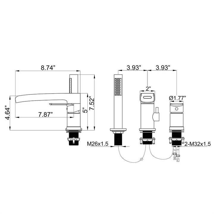 Dimensions diagram of black bathtub faucet set