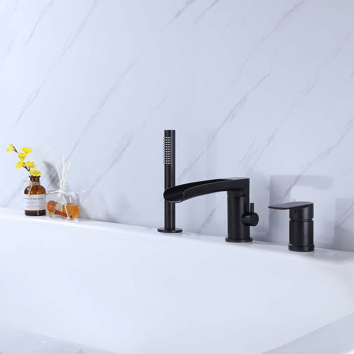 Modern black bathtub faucet with handheld shower installed