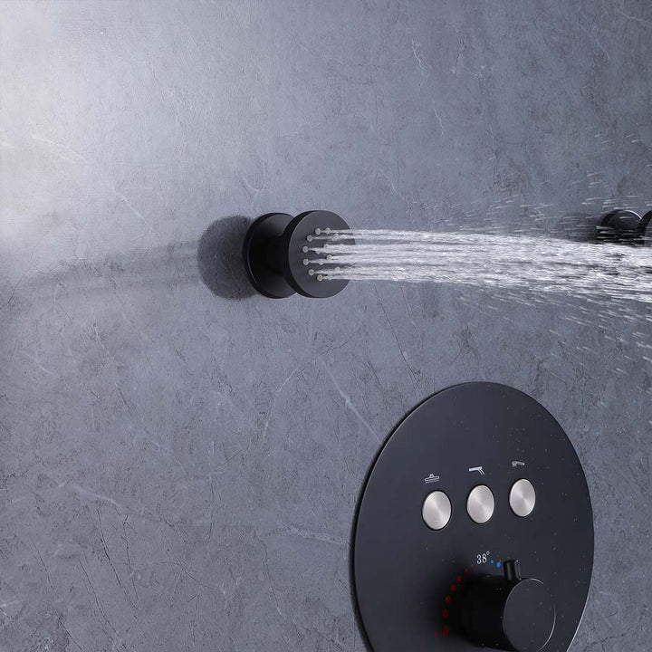 Black body jet shower sprayer spraying water with thermostatic control panel, modern wall mounted design