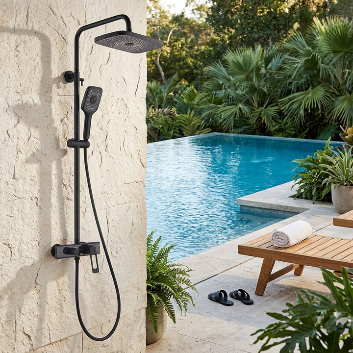 Black dual handle shower system poolside