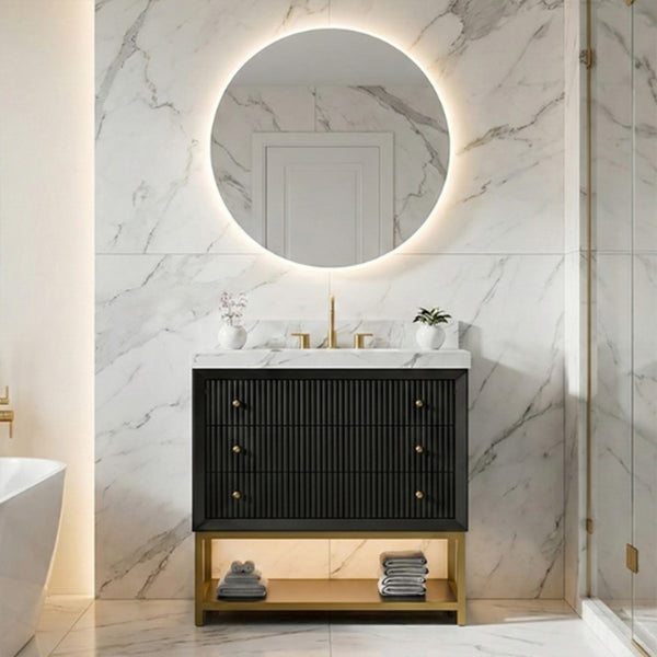 Mueble de Baño Acanalado de Madera Maciza de 36”, Laca PU, Base de Acero Semimarco – Lavabo Individual