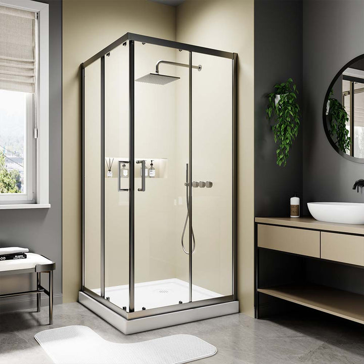 Black framed glass shower door in modern bathroom interior