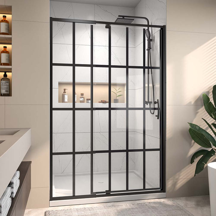 Black framed shower door with clear tempered glass in modern bathroom
