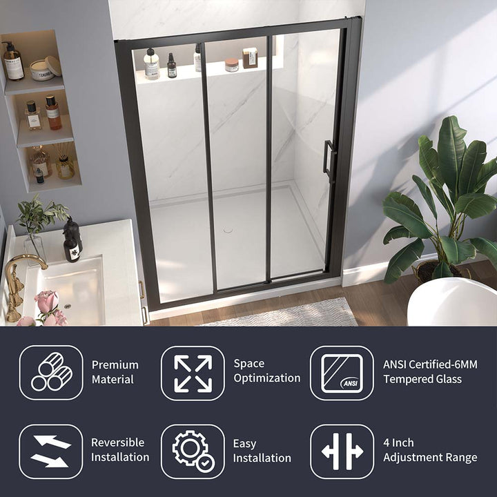 Black framed sliding shower door features benefits