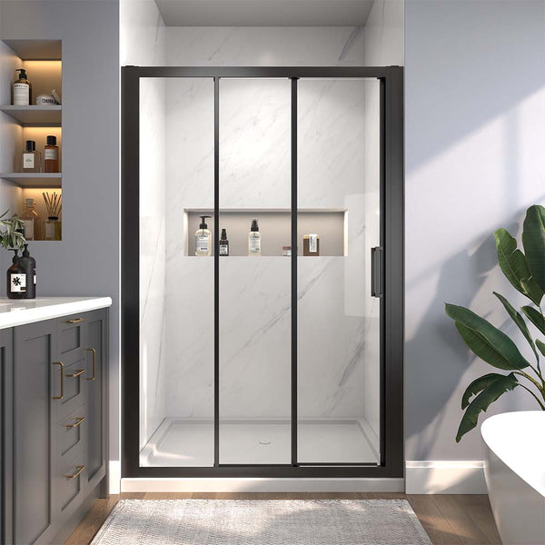 Black framed sliding shower door modern bathroom