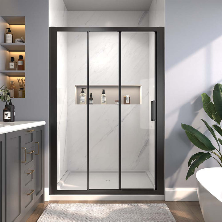 Black framed sliding shower door modern bathroom