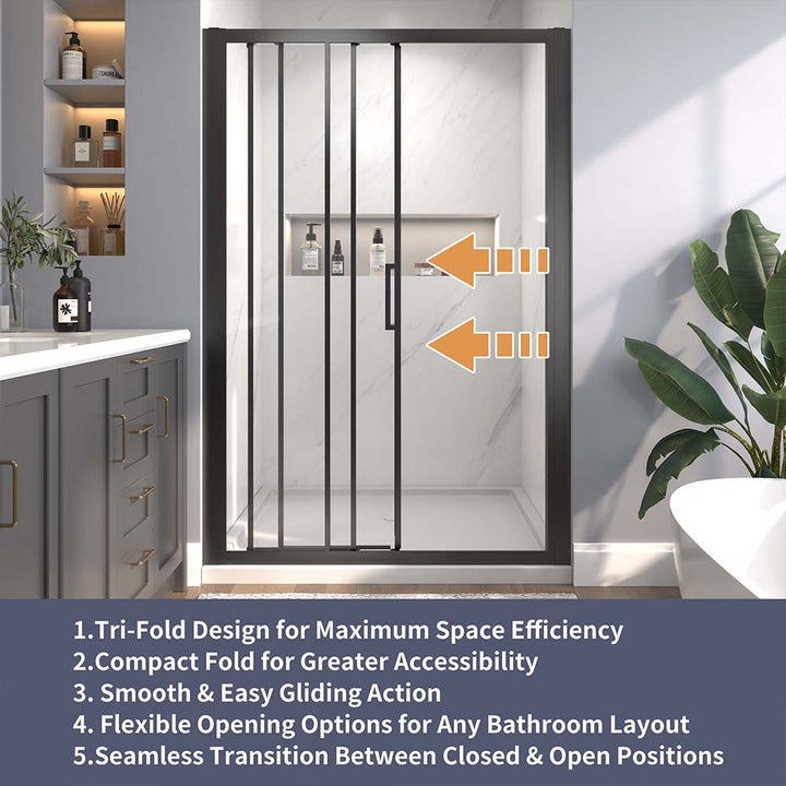 Black framed sliding shower door tri fold design