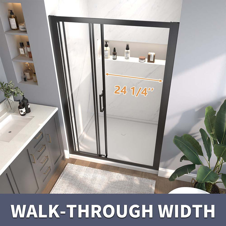 Black framed sliding shower door walk through width