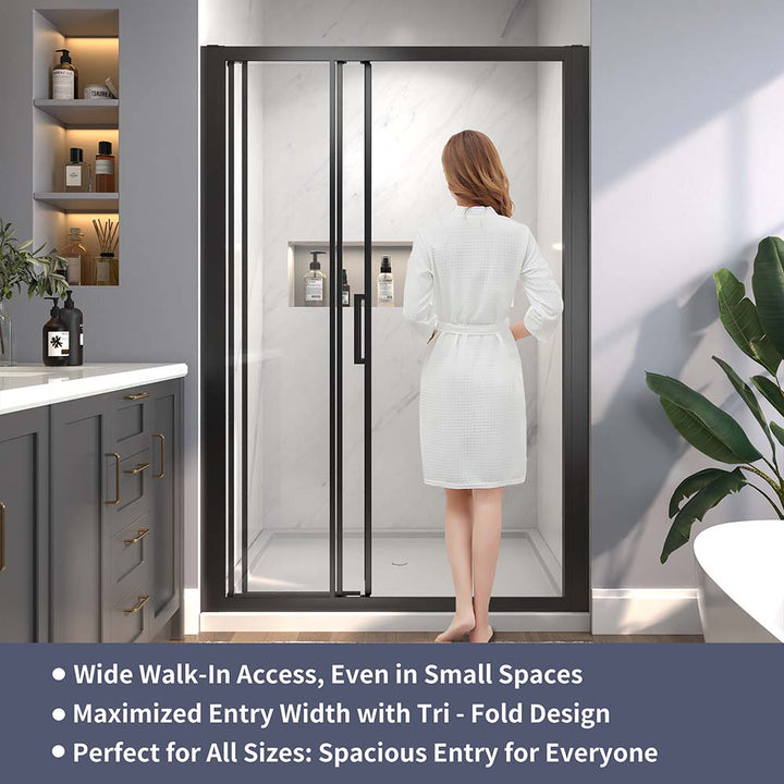 Black framed sliding shower door wide walk in access