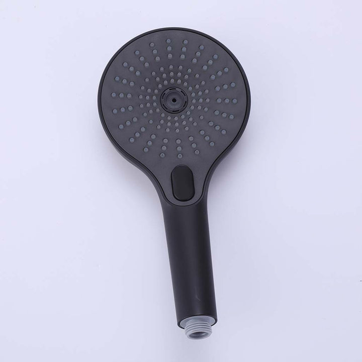 Black handheld shower head detail view with ergonomic design