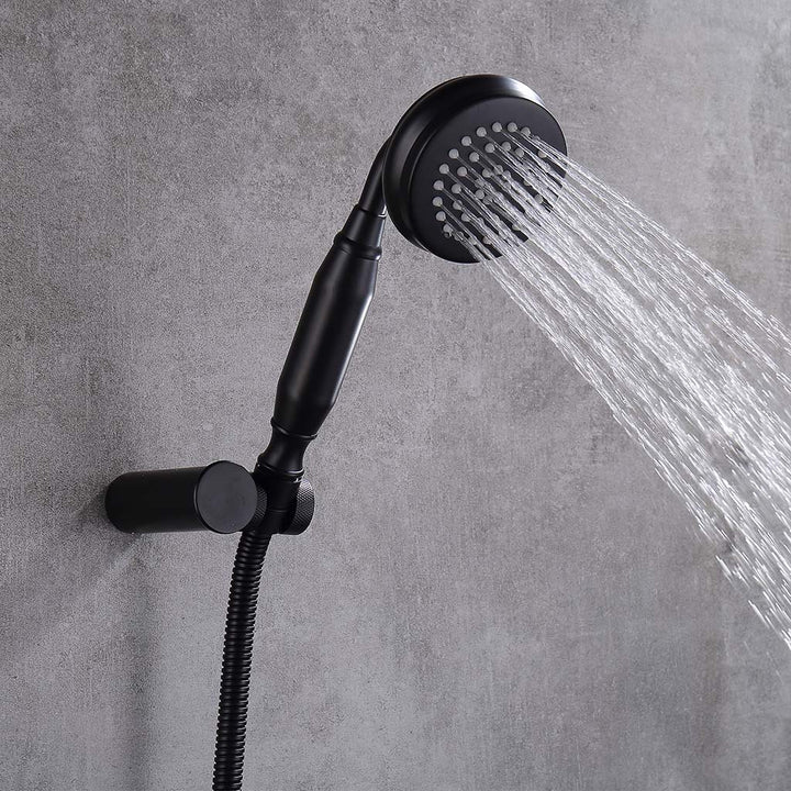 Black handheld shower head with water flowing, modern design