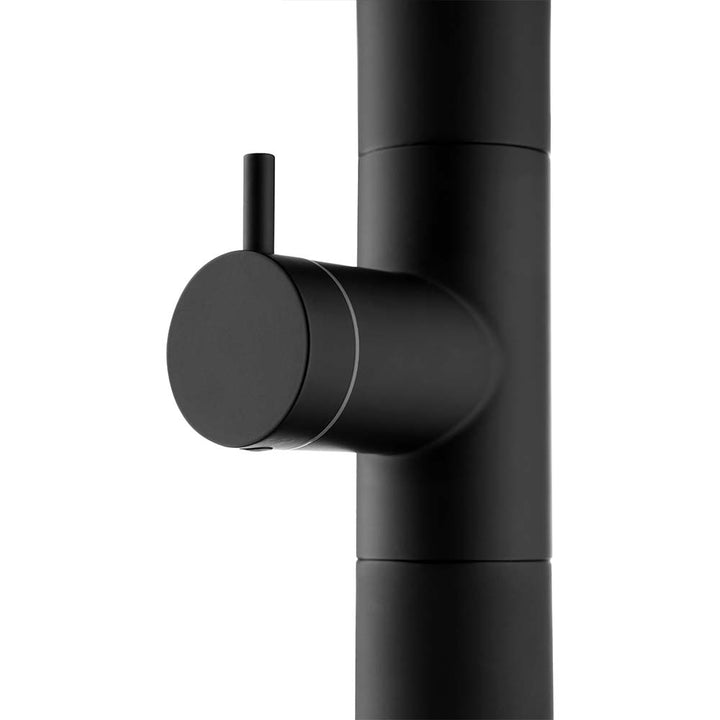 Close-up of black handle control for outdoor shower with minimalist design