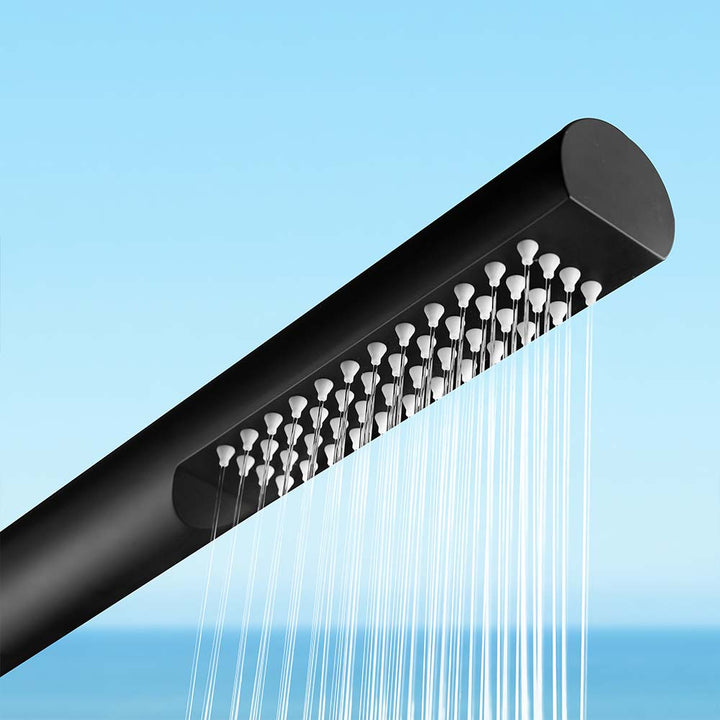 Matte black outdoor shower head with high-pressure rain spray nozzles
