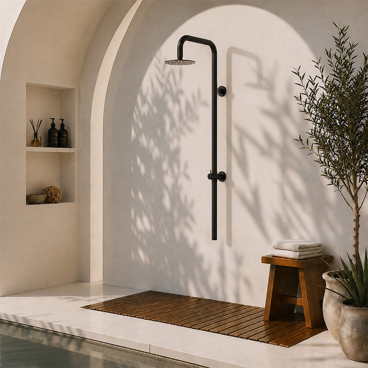 Black outdoor shower lifestyle setting