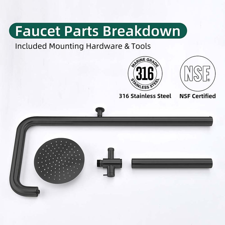 Parts Breakdown of Black Outdoor Shower - 316 Stainless Steel with NSF Certification