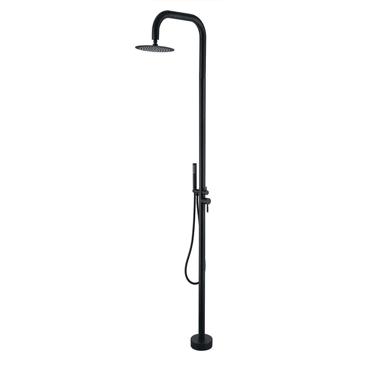 Modern black outdoor shower system with handheld and rain head