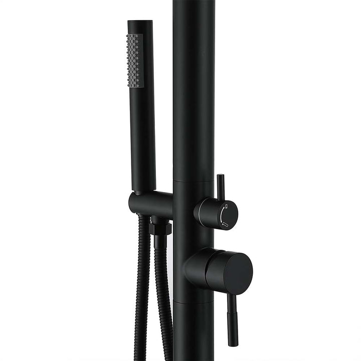 Black outdoor shower system with hose and valve close-up