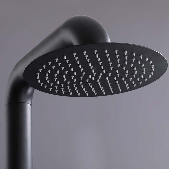 Close-up of black outdoor rainfall shower head