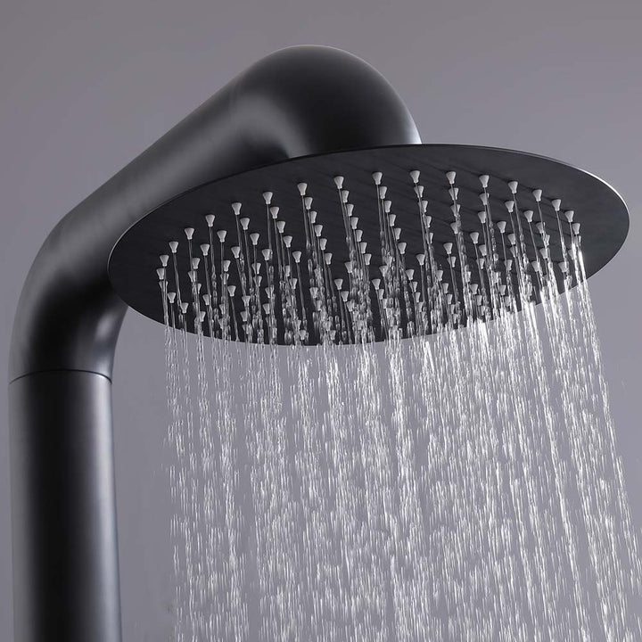 Black outdoor shower with rainfall water spray effect