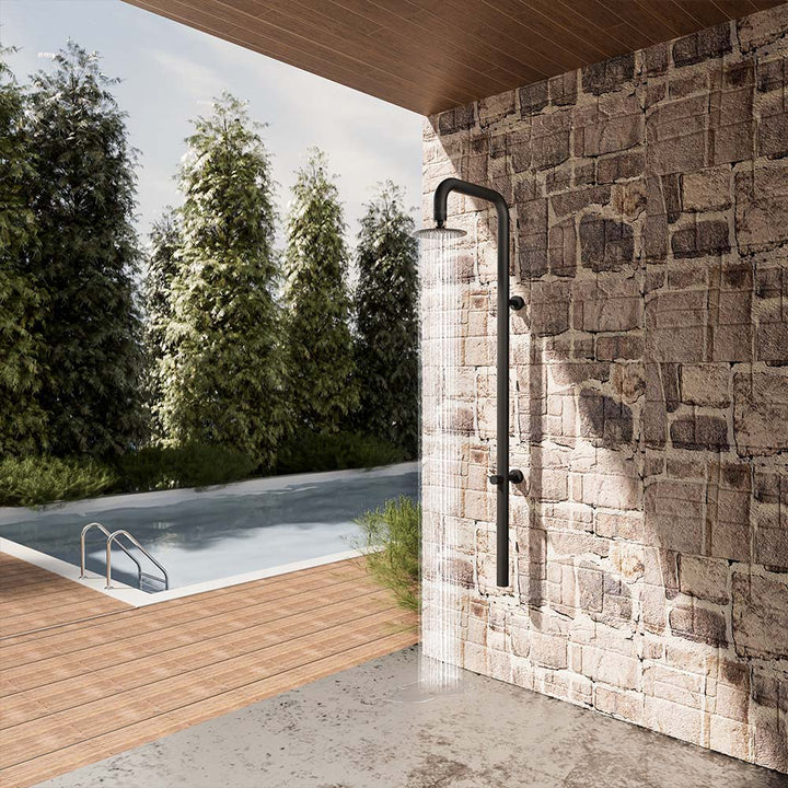 Black Outdoor Wall-Mounted Shower with Water Flow - Perfect for Poolside