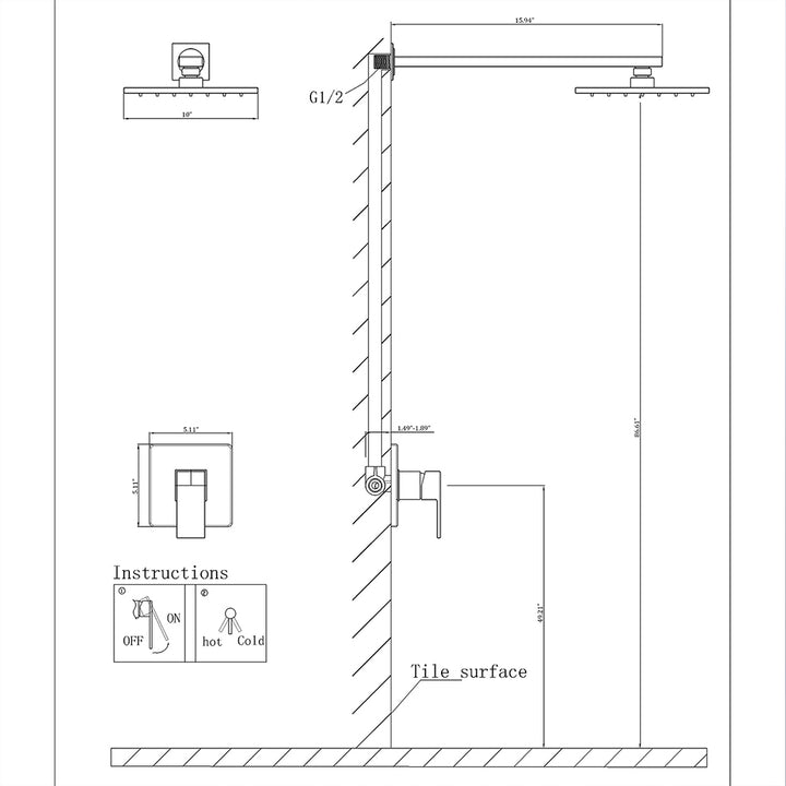 Wall-mounted black rain shower installation diagram with dimensions
