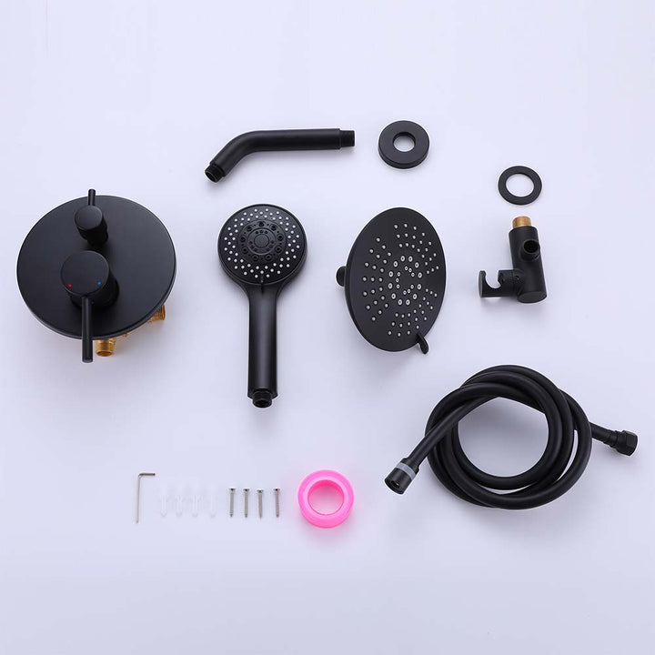 Black round shower system with handheld, rain head, and valve kit