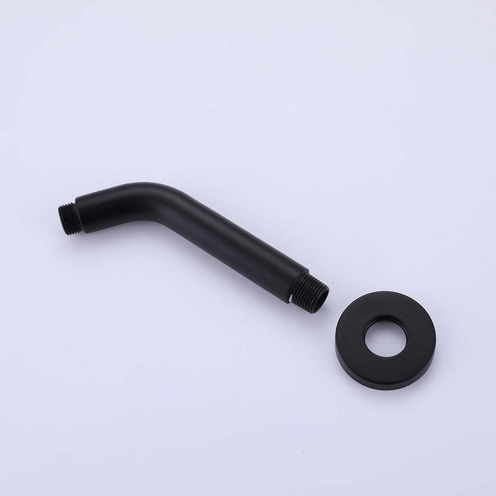 Matte black shower arm with matching flange on white background