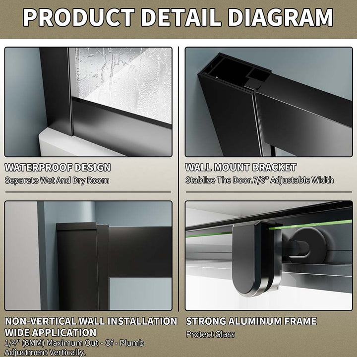 Black shower door waterproof frame and adjustable wall mount bracket